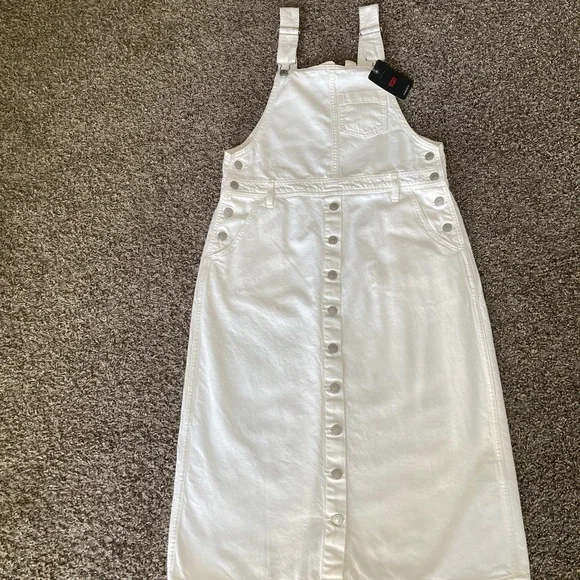 Levi's White Denim Overall Midi Dress Sz M Button Front Pinafore Levi's White Denim Overall Midi Dress Sz M Button Front Pinafore